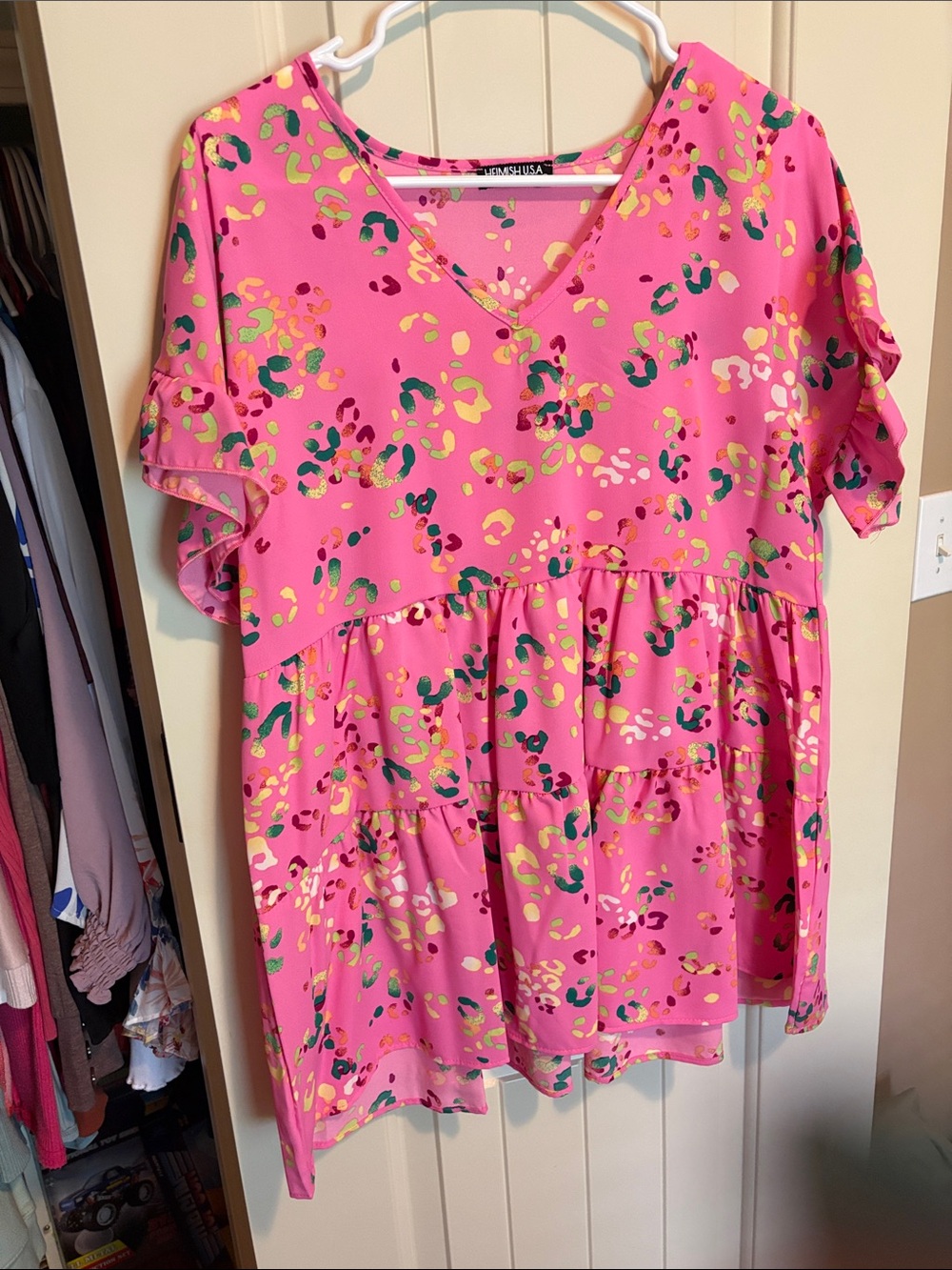 HEIMISH USA Bright Pink Tiered V-Neck Blouse with Multicolor Spot Print